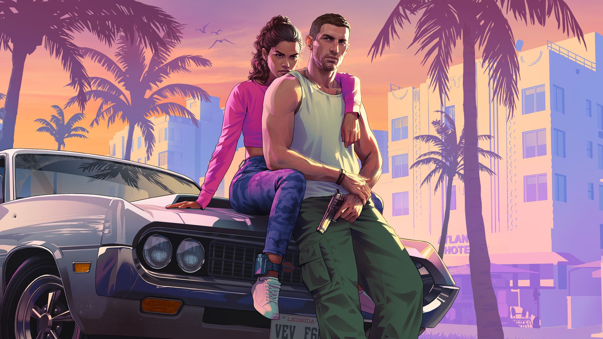 Official GTA VI artwork of Lucia and Jason beside a car in a palm-lined Vice City street